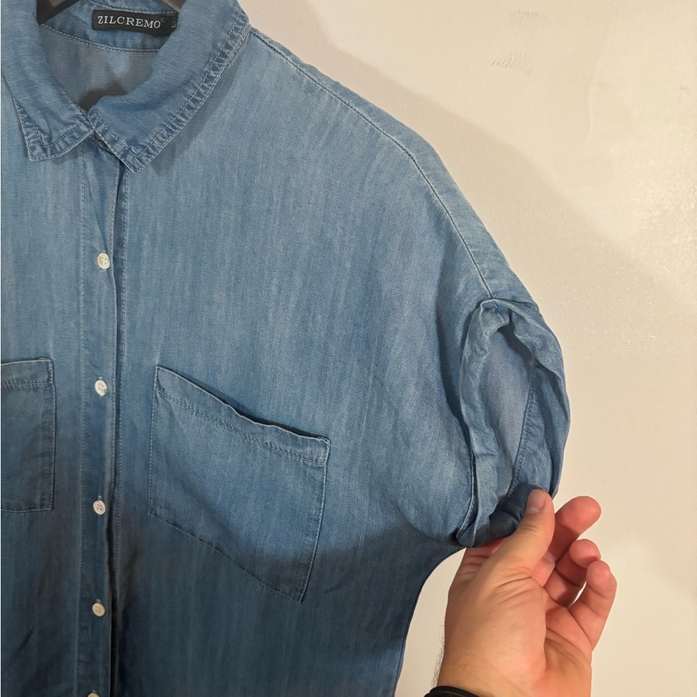 Zilcremo Chambray Button Down Shirt Dress Women’s Large Denim Look Pockets - Picture 4 of 10